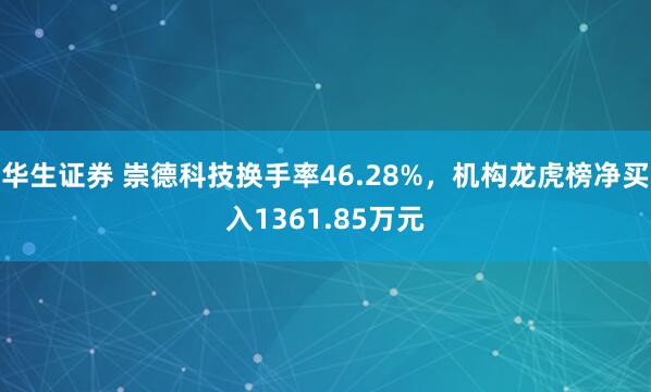 华生证券 崇德科技换手率46.28%，机构龙虎榜净买入1361.85万元